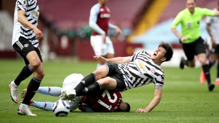 Harry Maguire cedera betis akibat tabrakan dengan Anwar El Ghazi. (Foto dari Sky Sports)