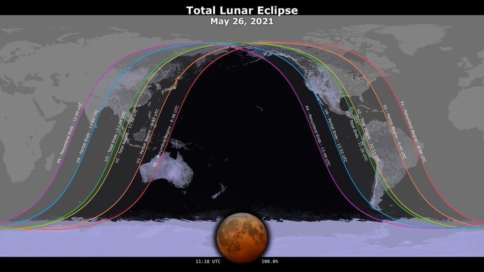 Peta visibilitas gerhana bulan total 2021.  (Kredit gambar: Studio Visualisasi Ilmiah NASA)