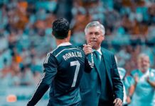 Cristiano Ronaldo dan Carlo Ancelotti semasa keduanya masih bersama di Real Madrid. (Foto dari Twitter)