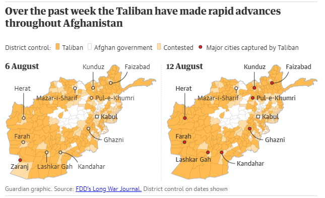 Kota-kota yang telah dikuasai oleh Taliban. (Grafis dari Guardian)