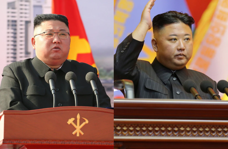 Kim Jong Un pada Maret 2021 dan Agustus 2021. Pemimpin Korea Utara telah kehilangan banyak berat badan, tetapi para analis tidak yakin mengapa. (Kantor Berita Pusat Korea melalui Reuters )