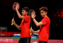 Ganda putra Indonesia Fajar Alfian/Muhammad Rian Ardianto saat tampil pada Piala Thomas 2020 di Ceres Arena, Aarhus, Denmark.(BadmintonPhoto/Yohan Nonotte)