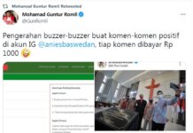 Tangkapan layar cuitan Guntur Romli menyindir Anies Baswedan membayar buzzer untuk memberi komentar positif pada Instagramnya.(Suryakepri.com)