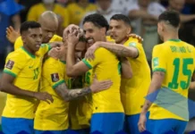 Selebrasi para pemain Timnas Brasil di Kualifikasi Piala Dunia Sumber : Twitter @CBF_Futebol