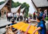 Presiden Joko Widodo meninjau dan meresmikan penataan Kampung Ulos Huta Raja yang ada di Kabupaten Samosir, pada Rabu, 2 Februari 2022.