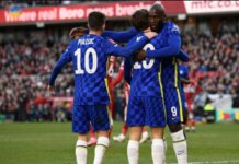 Para pemain Chelsea merayakan kemenangan di Middlesbrough pada perempat final Piala FA 2021/22.