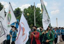 Demo BEM SI menolak penundaan pemilu 2024 di Patung Kuda, Jakpus, Senin (28/3/2022). (Anggi Muliawati/detikcom)