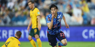 Selebrasi gol pemain timnas Jepang, Karou Mamota pada babak ketiga kualifikasi Piala Dunia 2022 zona Asia di Australia Stadium, Sydney, Kamis (24/3/2022). (Foto: AFC Asian Cup)