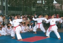 Atraksi karateka saat pembukaan Festival and Compatition Karate BKC Batam memperebutkan Piala Walikota Batam di Botania Mall 2 Kota Batam, Sabtu, 30 Juli 2022. Foto: SURYAKEPRI.COM
